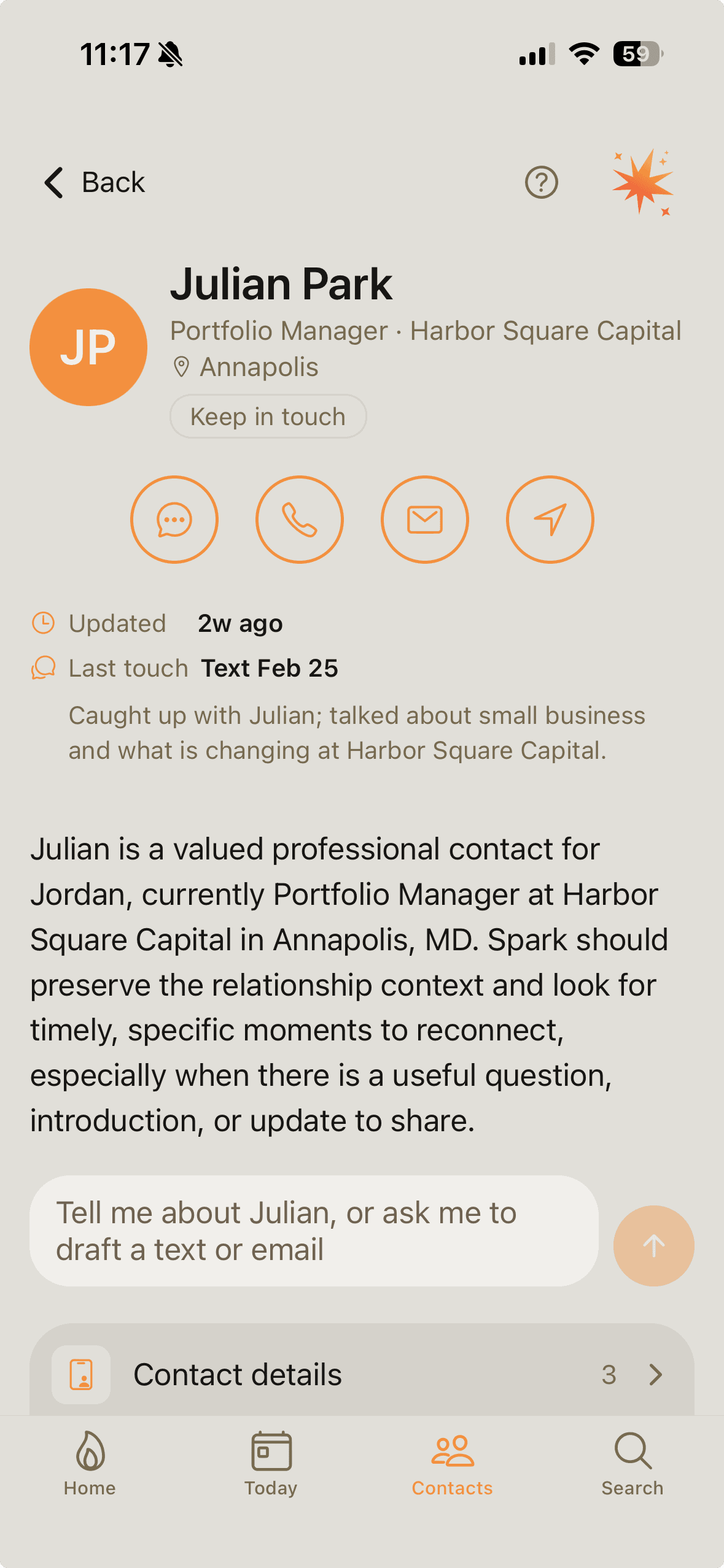 Spark contact detail screen with AI relationship context