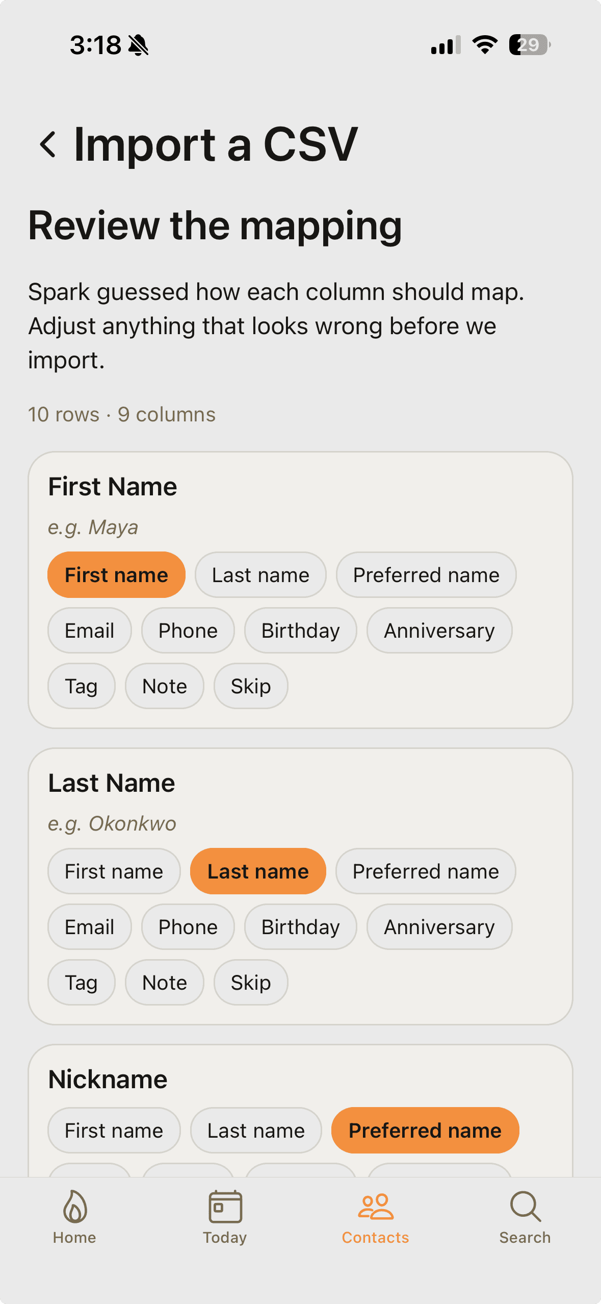 Spark CSV import mapping advisor CRM export fields