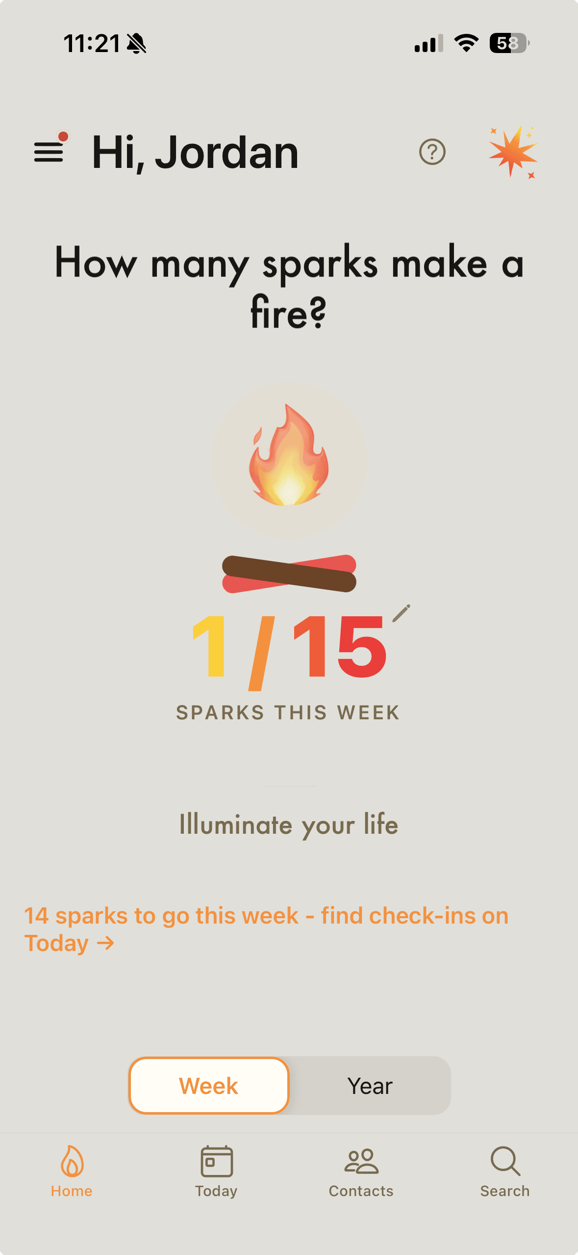Spark home screen with weekly relationship goal
