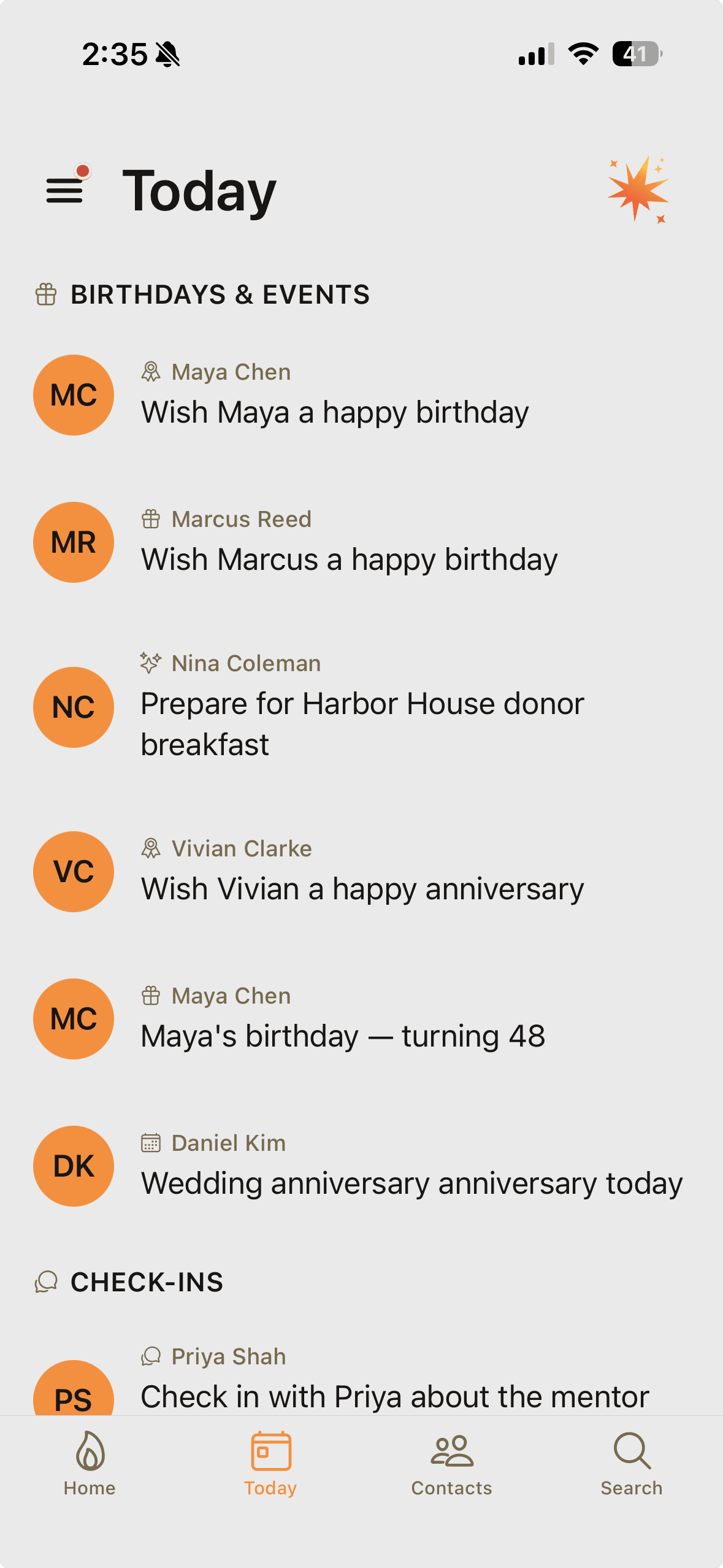 Spark Today screen with birthdays, anniversaries, and reminders