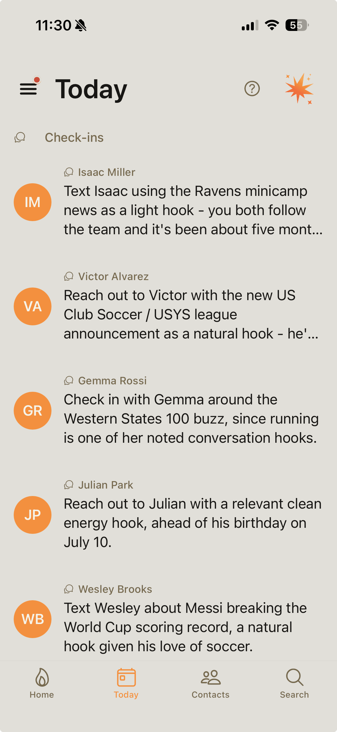 Spark Today screen with curated check-ins