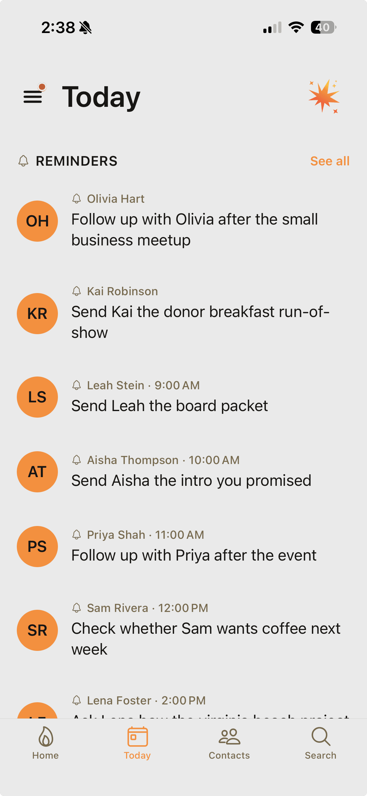 Spark Today screen with reminders and follow-up items