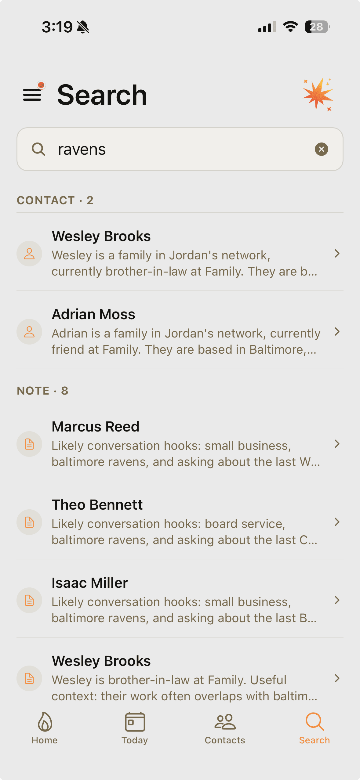 Spark search screen showing contacts and notes for Ravens
