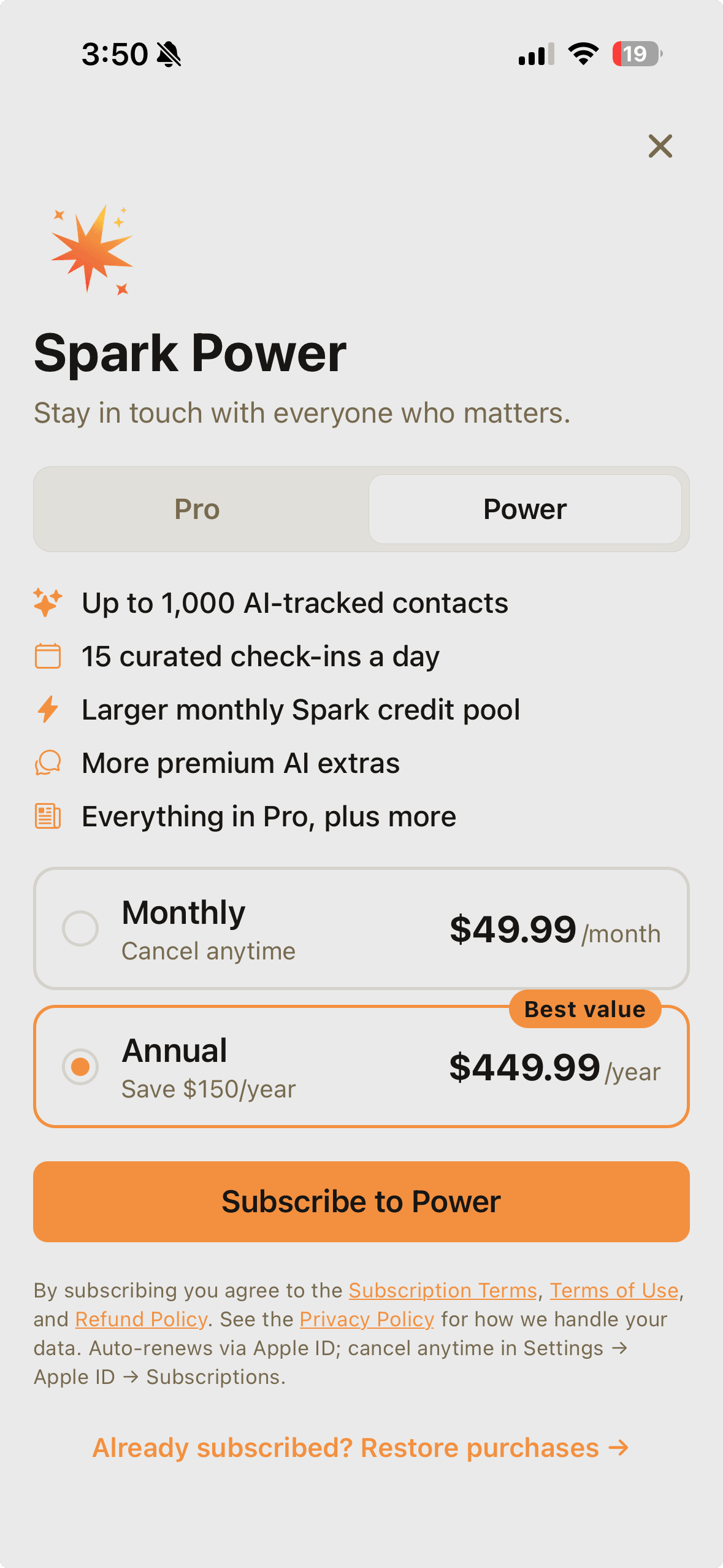 Spark Power subscription screen