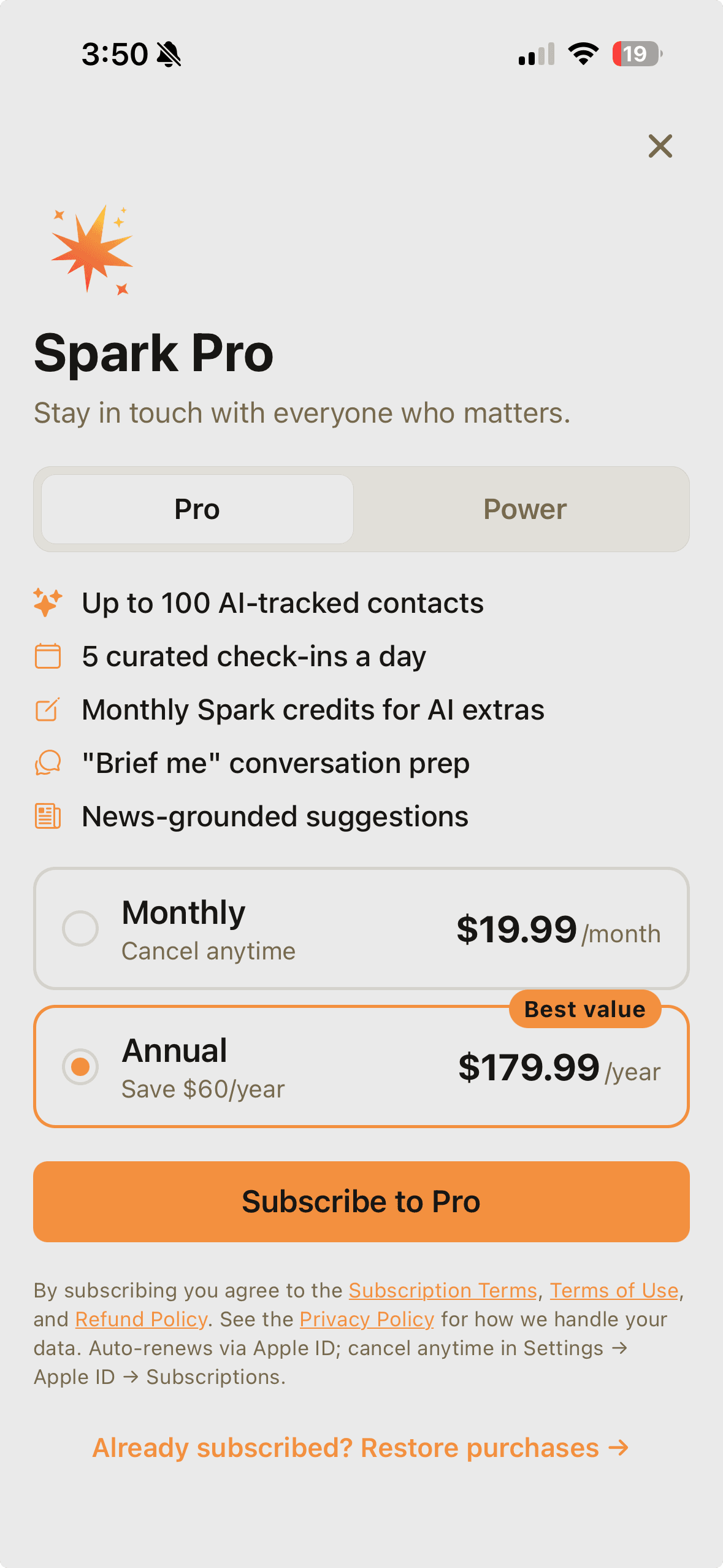 Spark Pro subscription screen