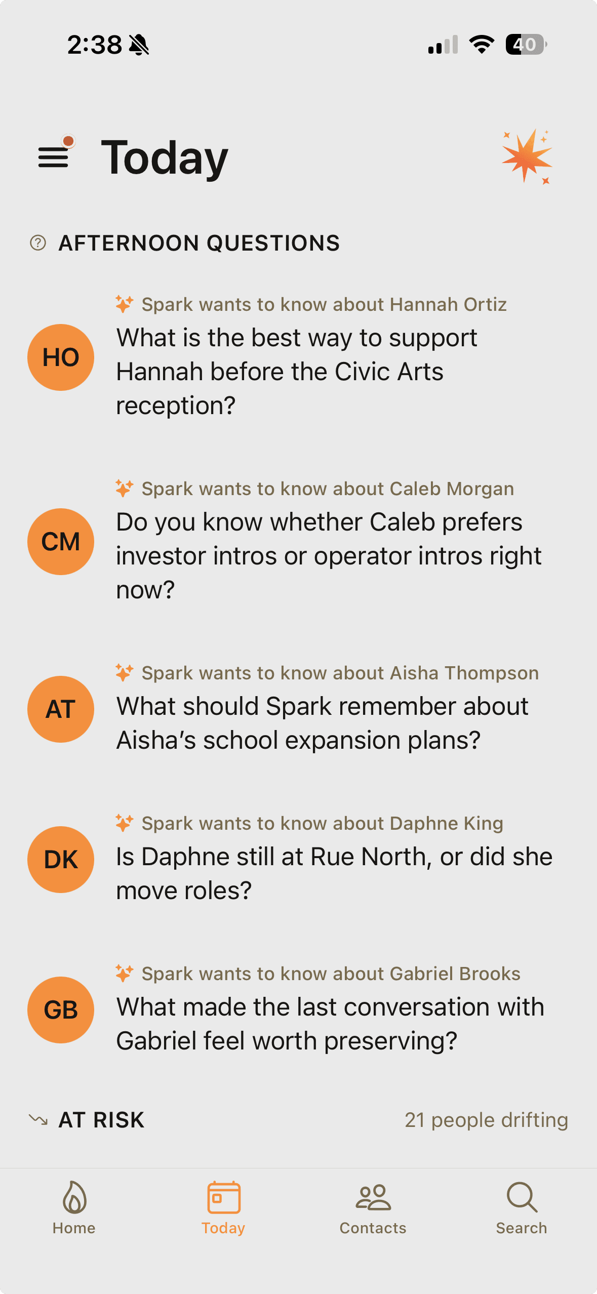 Spark Today screen with afternoon context questions